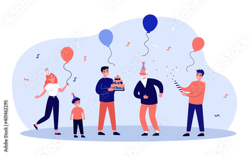 Happy family celebrating grandfather birthday. Kid, cake, balloon flat vector illustration. Celebration and holiday concept for banner, website design or landing web page