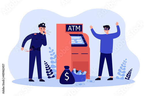 Fraud attacking ATM. Police man catching criminal in mask at cash machine. Vector illustration for security technology, banking, burglary, threat concepts
