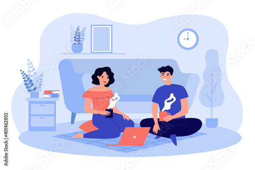 Sweet couple sitting on floor at laptop in apartment, drinking tea or coffee, talking, watching movie. Vector illustration for love, relationship, hygge, leisure, comfortable home concepts