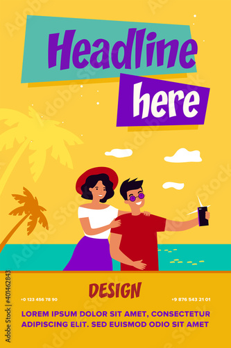 Happy travelling couple taking selfie on mobile phone. Tourists walking on beach and enjoying summer holiday. Vector illustration for honeymoon, vacation, photo concepts