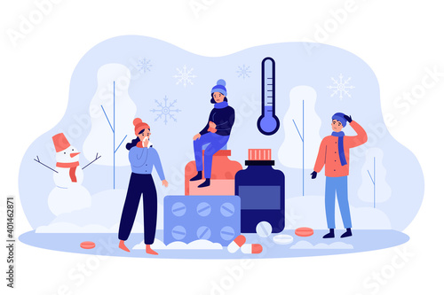 People feeling sick due to low temperature outside, suffering from cold allergy. Characters in warm clothes standing near pills outdoors. Vector illustration for winter, pharmacy, treatment concepts