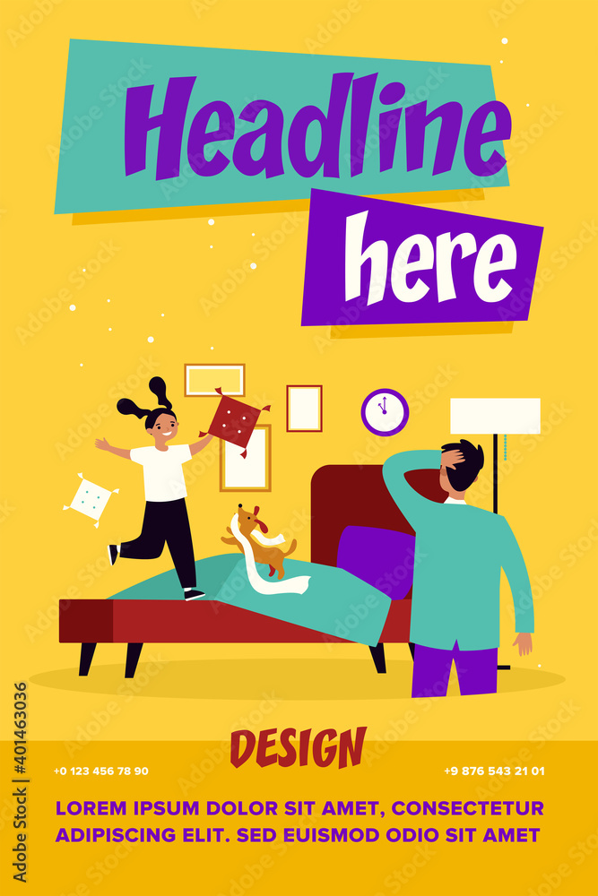 Dad watching little daughter and pet having fun in bedroom. Happy kid and dog jumping on bed flat vector illustration. Childhood, bedtime concept for banner, website design or landing web page Dad watching little daughter and pet having fun in bedroom. Happy kid and dog jumping on bed flat vector illustration. Childhood, bedtime concept for banner, website design or landing web page