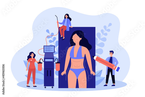 Liposuction procedure flat illustration. Team of doctors and female patient with dotted marks on body and belly. Vector illustration for weight reduction, surgery, beauty concepts