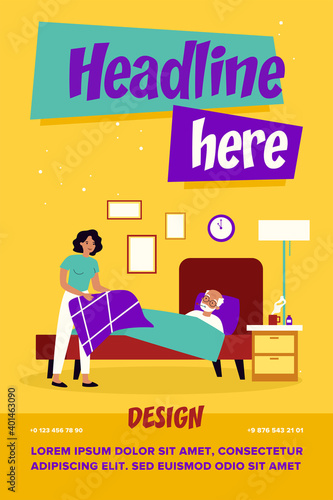 Daughter taking care about sick elderly father. Woman giving blanket to man lying in bed with thermometer flat vector illustration. Nurse job concept for banner, website design or landing web page