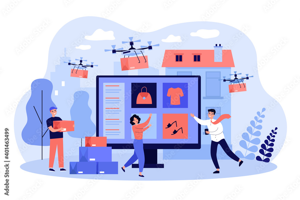 Drones flying over city, delivering parcels from internet stores to happy customers. Shoppers with digital gadgets receiving orders. Vector illustration for delivery, e-commerce, shopping concepts Drones flying over city, delivering parcels from internet stores to happy customers. Shoppers with digital gadgets receiving orders. Vector illustration for delivery, e-commerce, shopping concepts