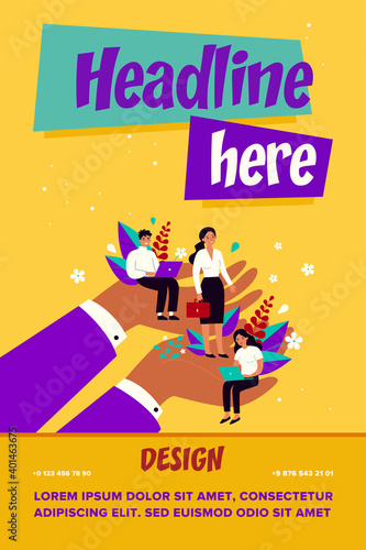 Employees care concept. Giant human hands holding and supporting tiny business professionals. Vector illustration for trade union, corporate insurance, employees wellbeing, benefits topics