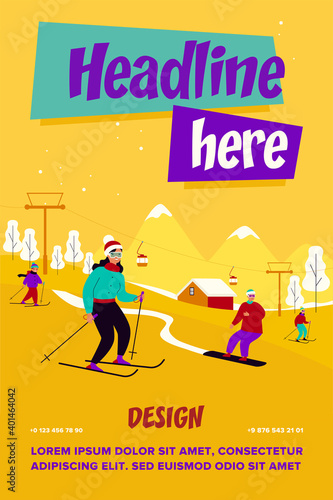 Happy people with kids skiing and snowboarding past elevator in mountains. Tourists enjoying vacation at ski resort. Vector illustration for winter sport activity concept