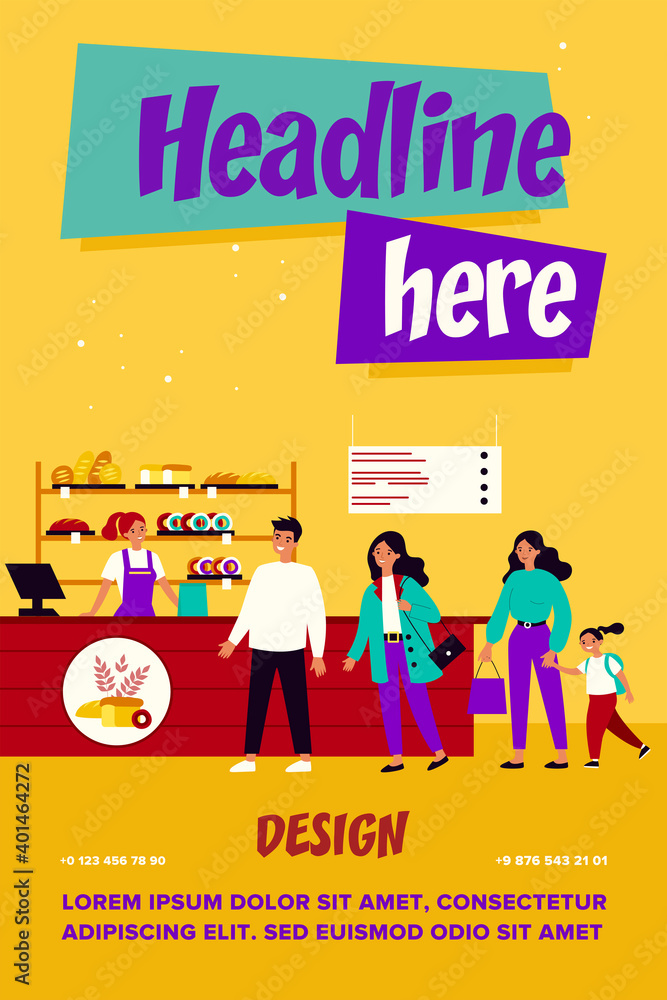 Line of customers in bread shop. People buying freshly baked loaves in bakery store. Vector illustration for food, eating, business concept Line of customers in bread shop. People buying freshly baked loaves in bakery store. Vector illustration for food, eating, business concept