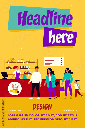 Line of customers in bread shop. People buying freshly baked loaves in bakery store. Vector illustration for food, eating, business concept