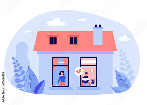 Sad couple crying about broken relationship. House, heart, divorce flat vector illustration. Love and quarrel concept for banner, website design or landing web page