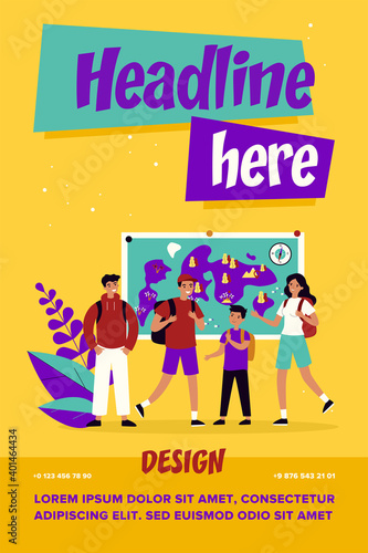 Group of active tourists meeting for hiking. Young people with backpacks at landscape map flat vector illustration. Travel, adventure, tourism concept for banner, website design or landing web page