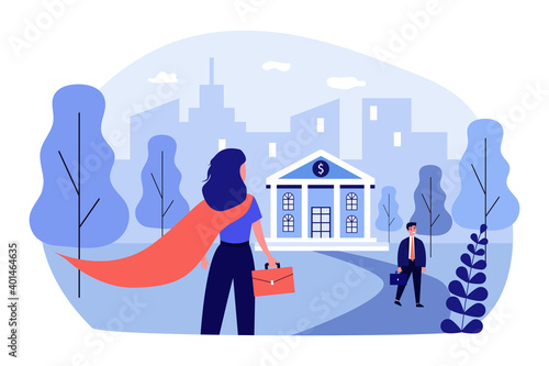 Superhero woman going in bank. Work, credit, finance flat vector illustration. Business and banking concept for banner, website design or landing web page