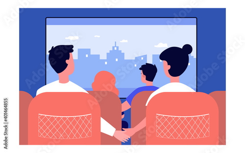 Back view of couples sitting in movie theater. Film, cinema, love flat vector illustration. Entertainment and weekend concept for banner, website design or landing web page