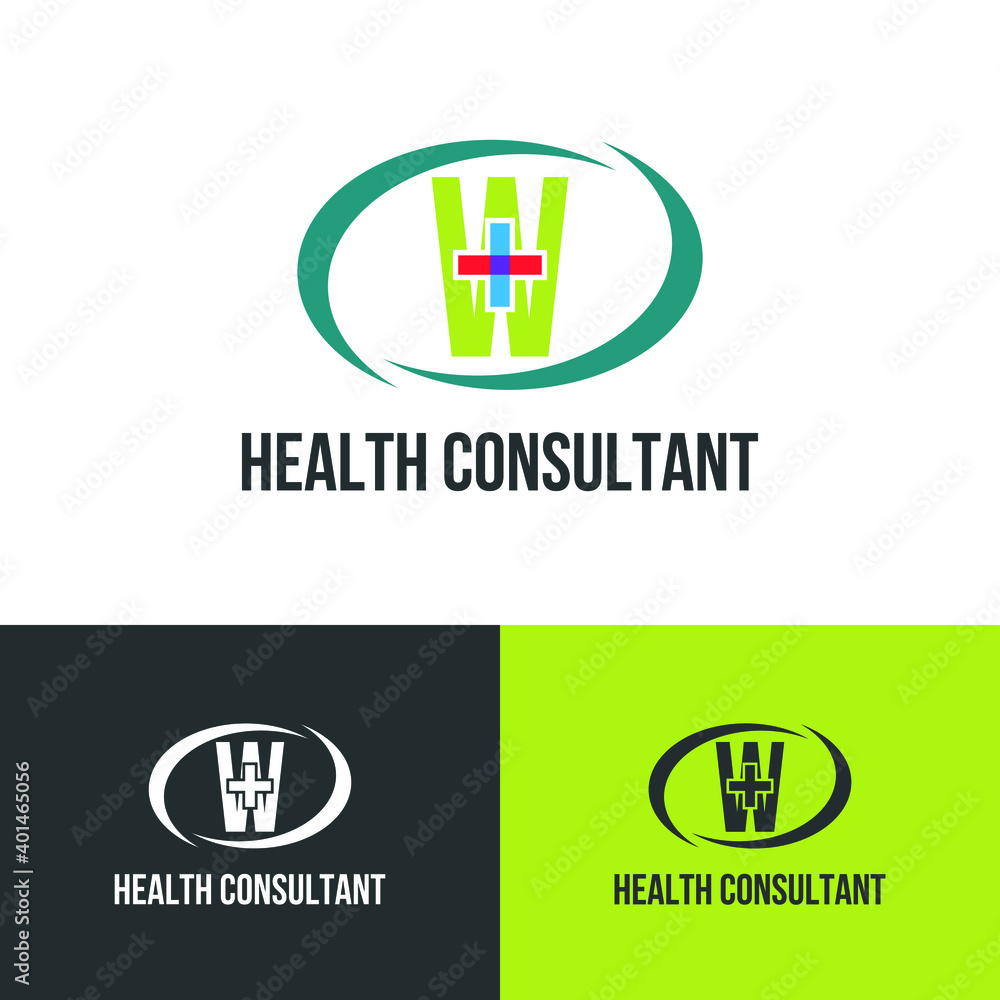Initial letter W with medical cross icon and loop care symbol for healthy hospital medicine logo design concept vector Initial letter W with medical cross icon and loop care symbol for healthy hospital medicine logo design concept vector