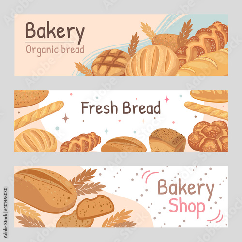 Bakery banners set. Loafs, slices, buns and ears vector illustrations with text. Food and grain concept for shop flyers and brochures design