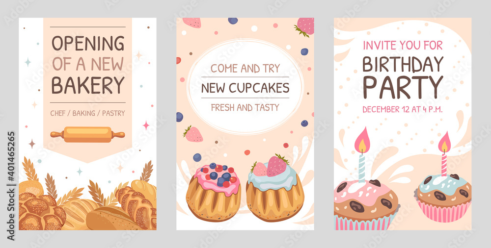 Invitation cards set with pastry. Loaves of bread, muffins, birthday cupcakes vector illustrations with text, time, date. Holiday and dessert concept for announcement posters and party flyers design