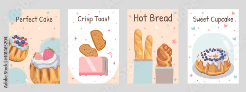 Bakery posters set. Cakes, toasts, bread, cupcake with icing vector illustrations with text. Food and dessert concept for flyers and brochures design