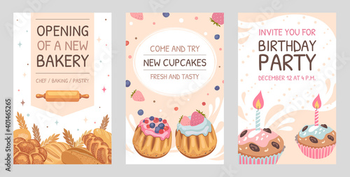Invitation cards set with pastry. Loaves of bread  muffins  birthday cupcakes vector illustrations with text  time  date. Holiday and dessert concept for announcement posters and party flyers design