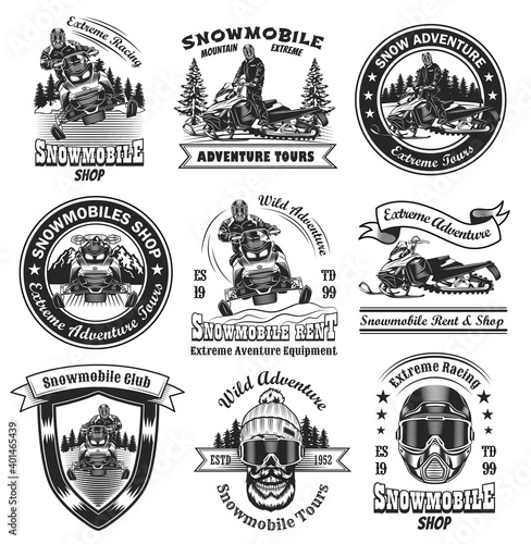 Vintage badges for snowmobile shop vector illustration set. Monochrome labels with skull and person on snowmobile. Extreme and winter sport concept can be used for retro template photo
