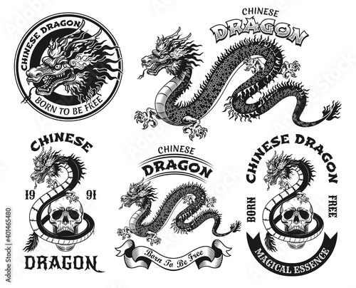 Stylish Chinese dragon black and white tattoo vector illustration set. Vintage traditional Asian monster. Oriental culture and mythology concept can be used for retro template, banner or poster