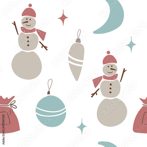 New year seamless pattern with snowmen and Christmas decorations