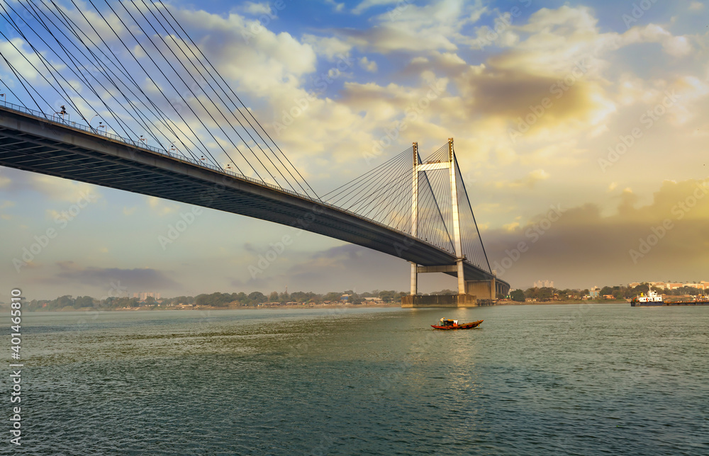 Suspension bridge known as Vidyasagar Setu on river Ganges at Kolkata, India
