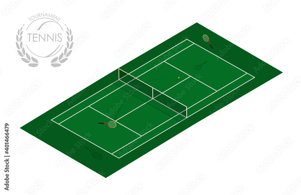 sports tennis court with rackets and ball. Active lifestyle. Isometric vector sports tennis court with rackets and ball. Active lifestyle. Isometric vector