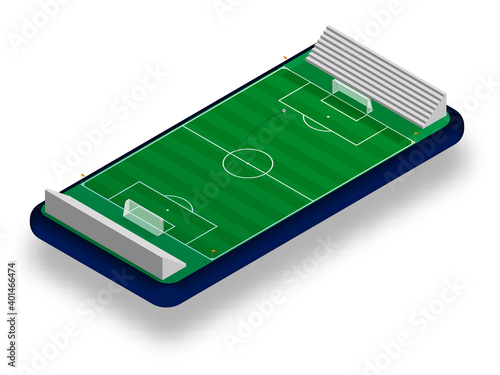 sports football field with goals and soccer ball on smartphone screen. Online games, modern technologies in sports and entertainment industry. Ismetric vector