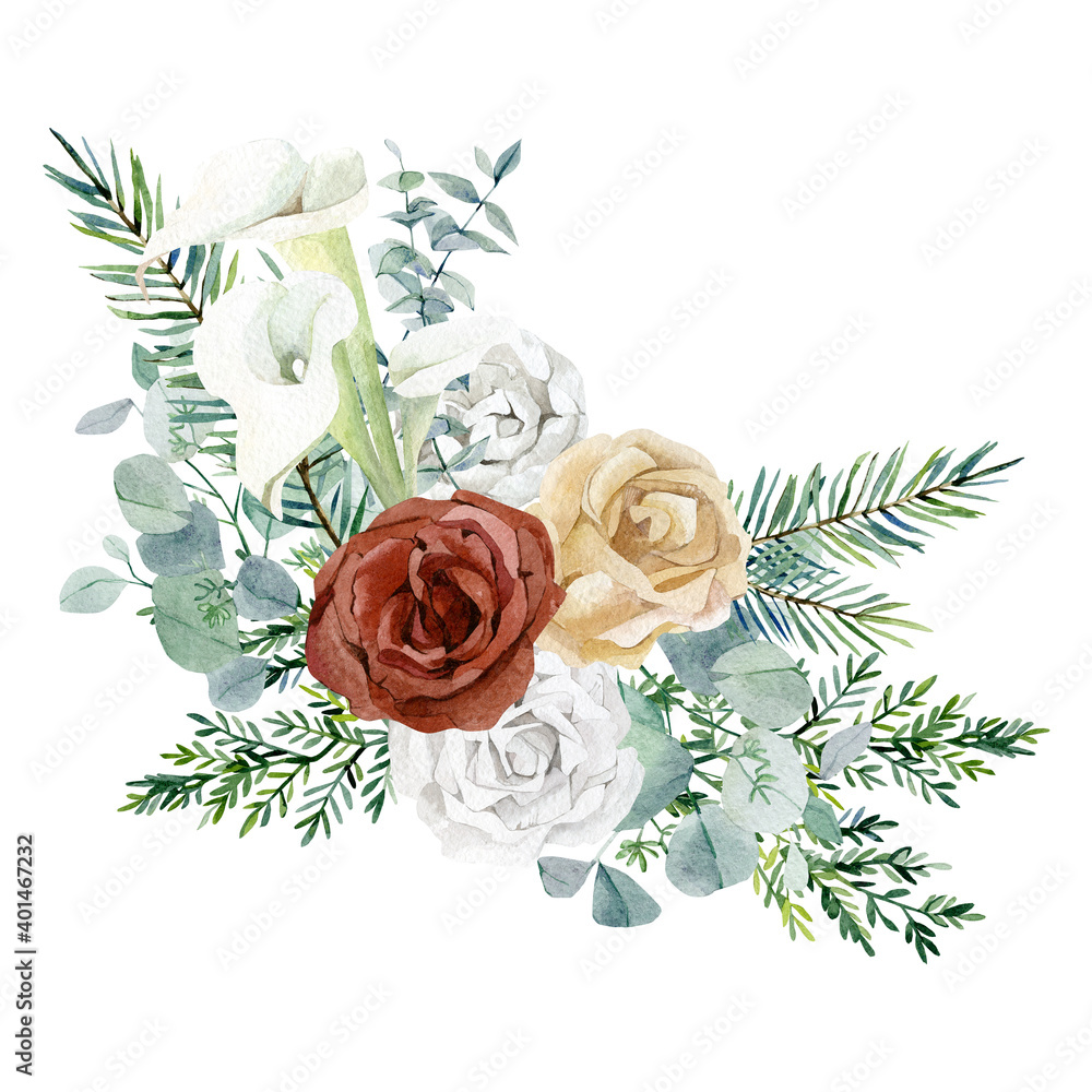 Watercolor Winter Floral Bouquet Burgundy Rose White Flowers