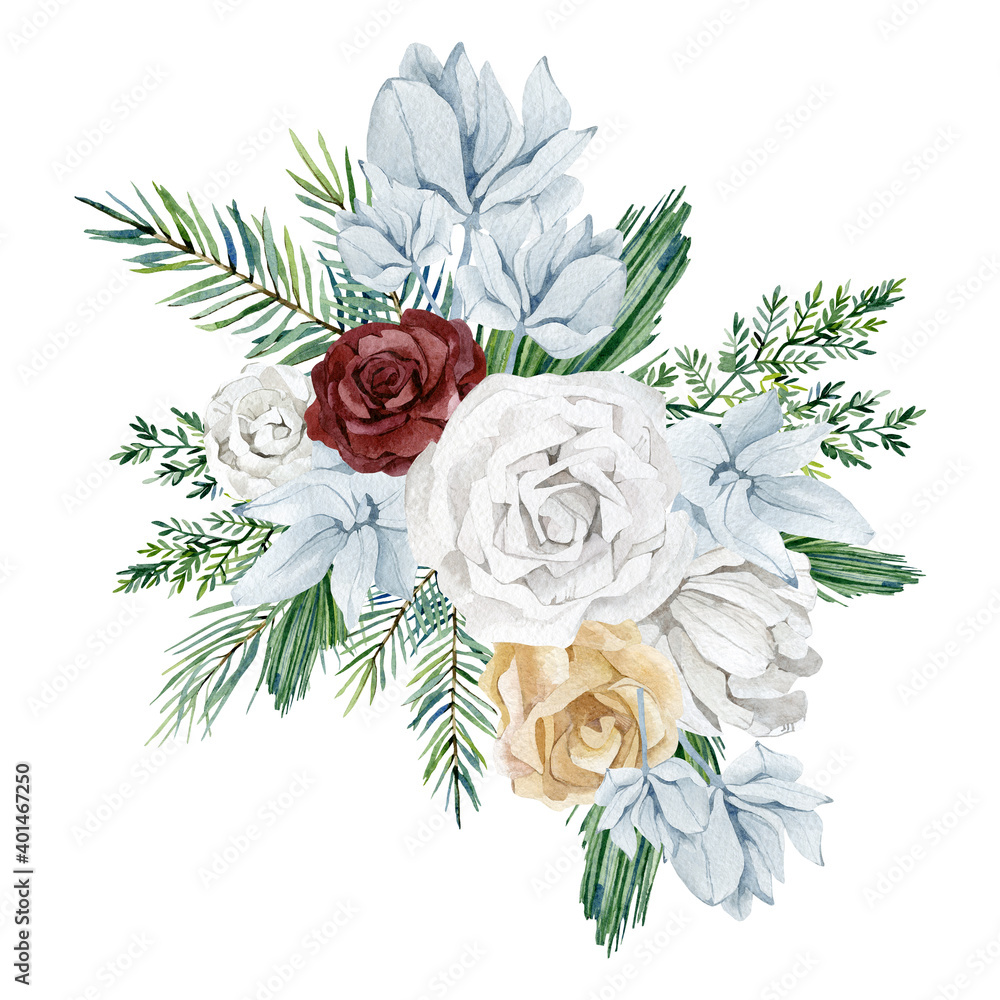 Premium Vector  Watercolor winter greenery set, branches, rose flowers,  berries, pine and spruce branches on a white background