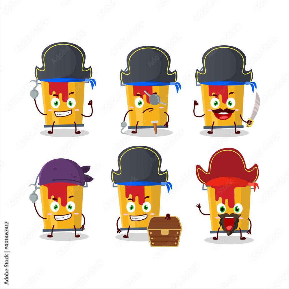 Cartoon character of yellow paint bucket with various pirates emoticons