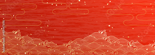 赤地に金色の波模様　横長の和風背景イラスト