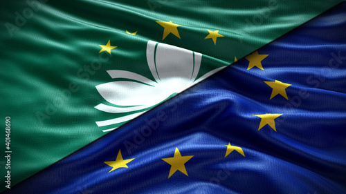 Double Flag  European Union vs Macau flag waving flag with texture Close-up background