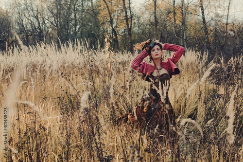Beautiful woman in a historical dress poses in a field with tall grass in autumn.