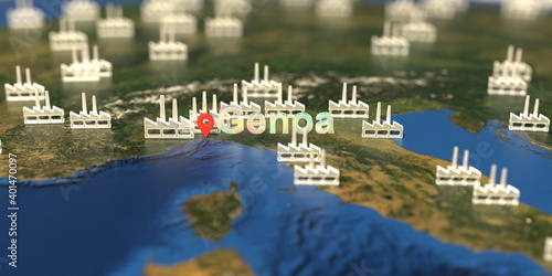 Factory icons near Genoa city on the map, industrial production related 3D rendering