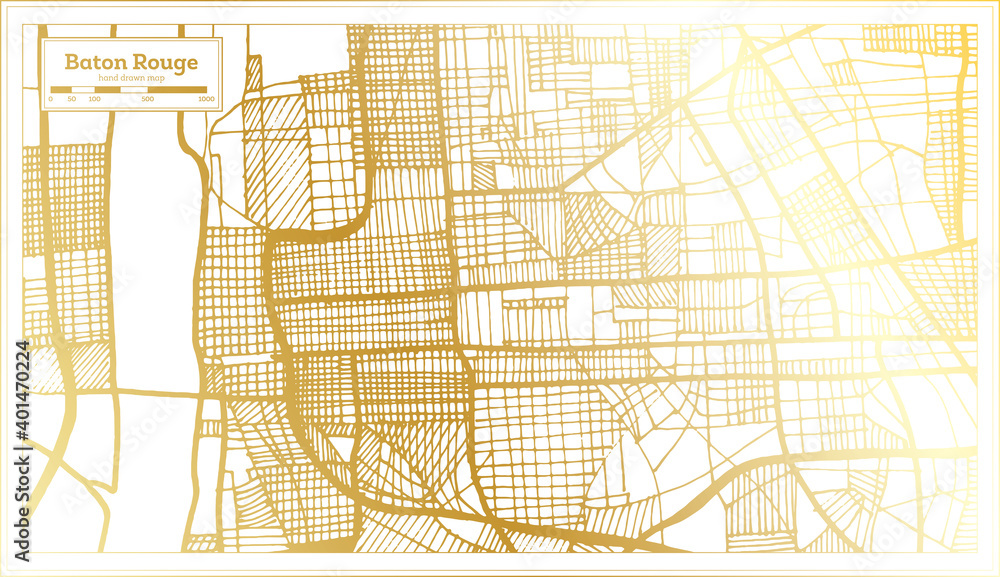 Baton Rouge Louisiana USA City Map in Retro Style in Golden Color