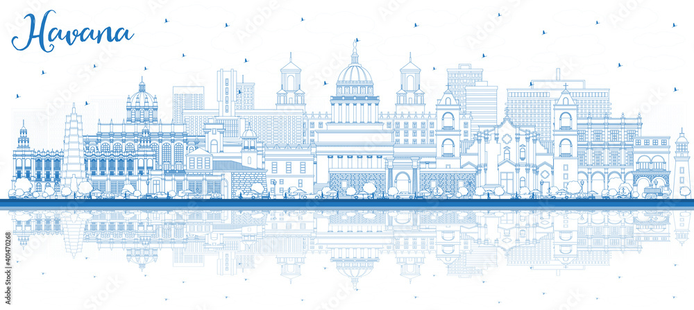 Outline Havana Cuba City Skyline with Blue Buildings and Reflections. Vector Illustration. Business Travel and Tourism Concept with Historic and Modern Architecture. Havana Cityscape with Landmarks.