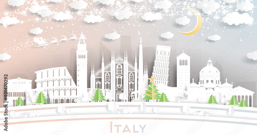 Italy City Skyline in Paper Cut Style with Snowflakes, Moon and Neon Garland.
