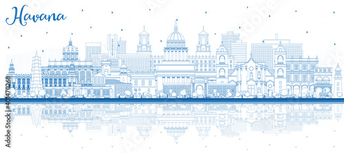 Outline Havana Cuba City Skyline with Blue Buildings and Reflections. Vector Illustration. Business Travel and Tourism Concept with Historic and Modern Architecture. Havana Cityscape with Landmarks.