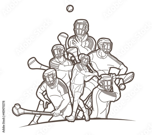Group of Hurling sport players action. Irish Hurley sport cartoon graphic vector.	