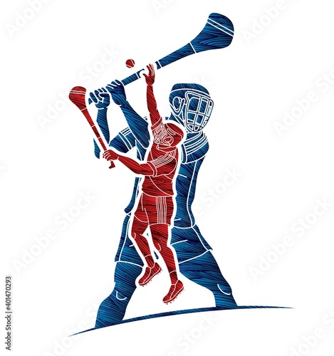 Group of Hurling sport players action. Irish Hurley sport cartoon graphic vector.	