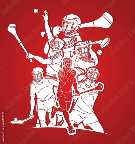 Group of Hurling sport players action. Irish Hurley sport cartoon graphic vector.	