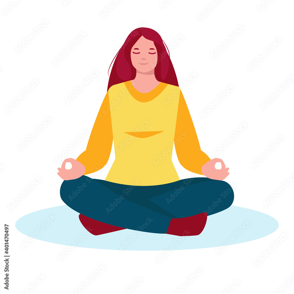 Meditating woman. Vector illustration in flat cartoon style. Isolated on a white background. Meditating woman. Vector illustration in flat cartoon style. Isolated on a white background.