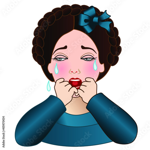 poor upset emoticon weeps and cries, simplistic facial expression vector illustration, woman cartoon character, hand drawn icon from a set