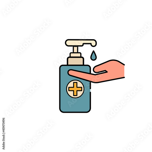 Washing hand with sanitizer icon on white background. Vector illustration in flat cartoon design. Soap, alcohol. 