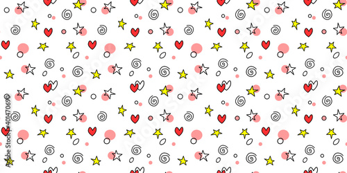 Seamless pattern of simple elements stars hearts points circles rounds rings spirals helixes in doodle style. For background, wrapping paper, birthday, fabric, textile, holiday texture