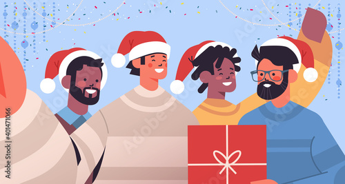 mix race guys taking selfie photo on smartphone camera men having fun new year christmas holidays celebration concept horizontal portrait vector illustration