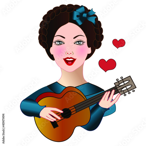 cool woman plays acoustic guitar and sings a love song, vector emoji in color, colorful emoticon on white isolated  background