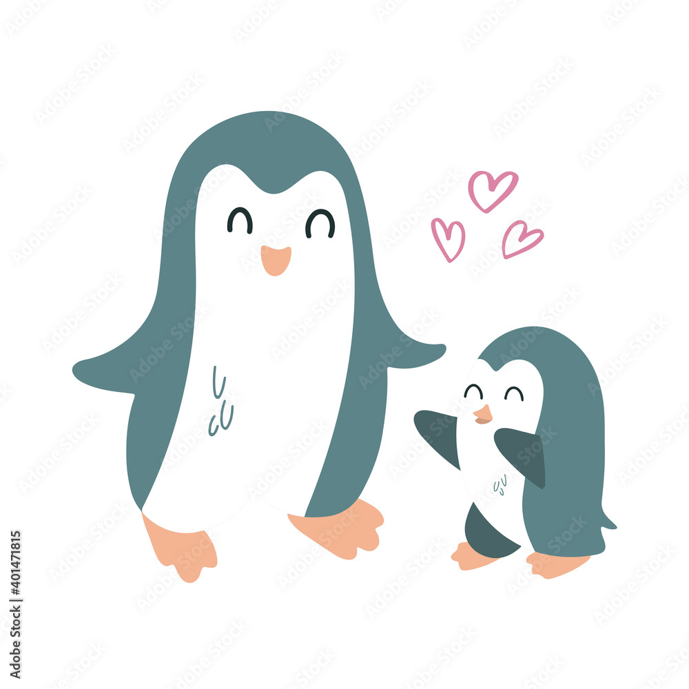Fototapeta premium Penguin mom and baby. Vector children's illustration. Isolated on white. For printing, nursery decor.