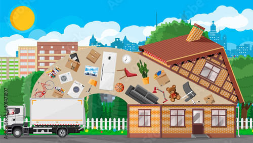 Delivery truck full of home stuff inside. Moving to new house. Family relocated to new home. Boxes with goods. Package transportation. Computer, lamp, clothes, books. Flat vector illustration